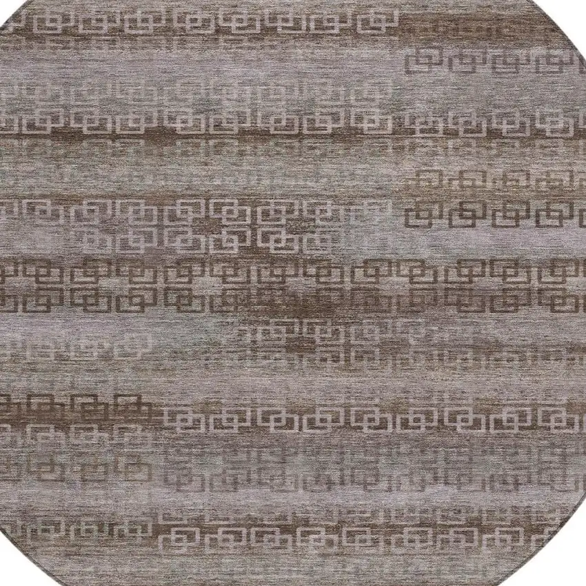 8' Chocolate And Gray Round Striped Washable Indoor Outdoor Area Rug Photo 4