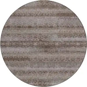 Photo of 8' Chocolate And Gray Round Striped Washable Indoor Outdoor Area Rug
