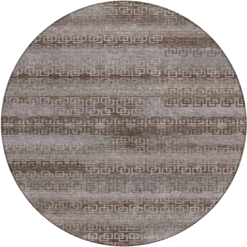 8' Chocolate And Gray Round Striped Washable Indoor Outdoor Area Rug Photo 1