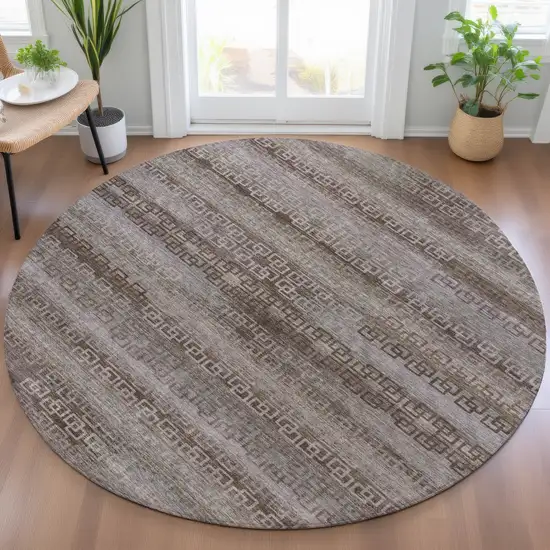 8' Chocolate And Gray Round Striped Washable Indoor Outdoor Area Rug Photo 6