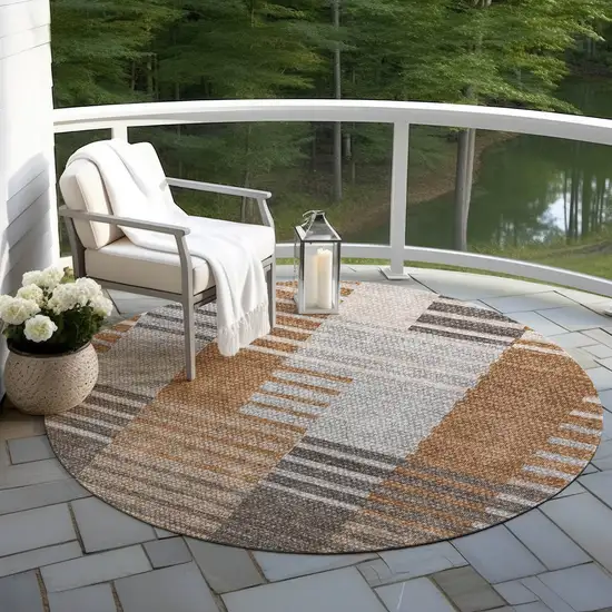 8' Chocolate And Gray Round Striped Washable Indoor Outdoor Area Rug Photo 6