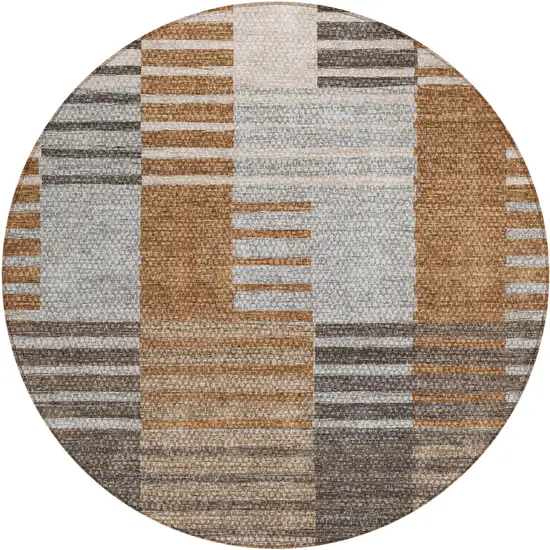 8' Chocolate And Gray Round Striped Washable Indoor Outdoor Area Rug Photo 2