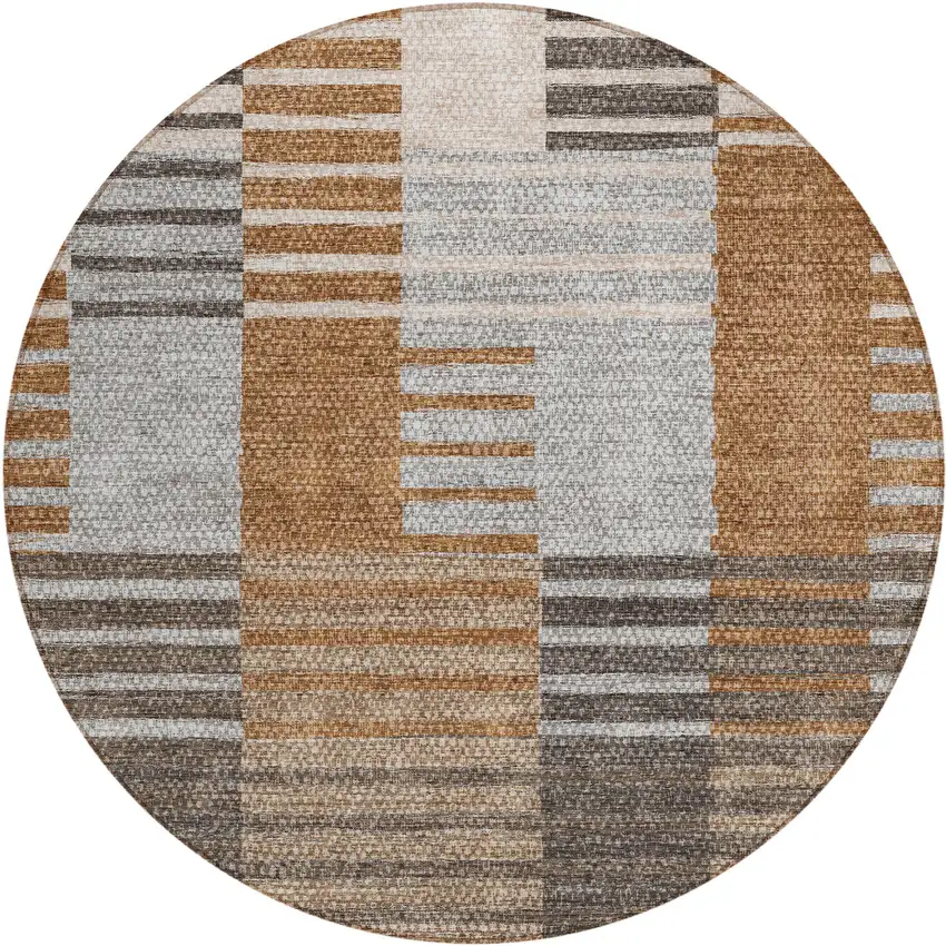 8' Chocolate And Gray Round Striped Washable Indoor Outdoor Area Rug Photo 2
