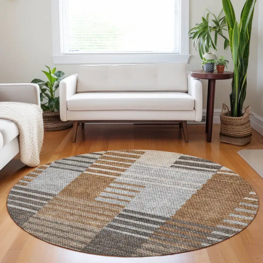 8' Chocolate And Gray Round Striped Washable Indoor Outdoor Area Rug Photo 7