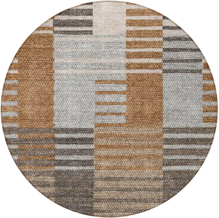 8' Chocolate And Gray Round Striped Washable Indoor Outdoor Area Rug Photo 4
