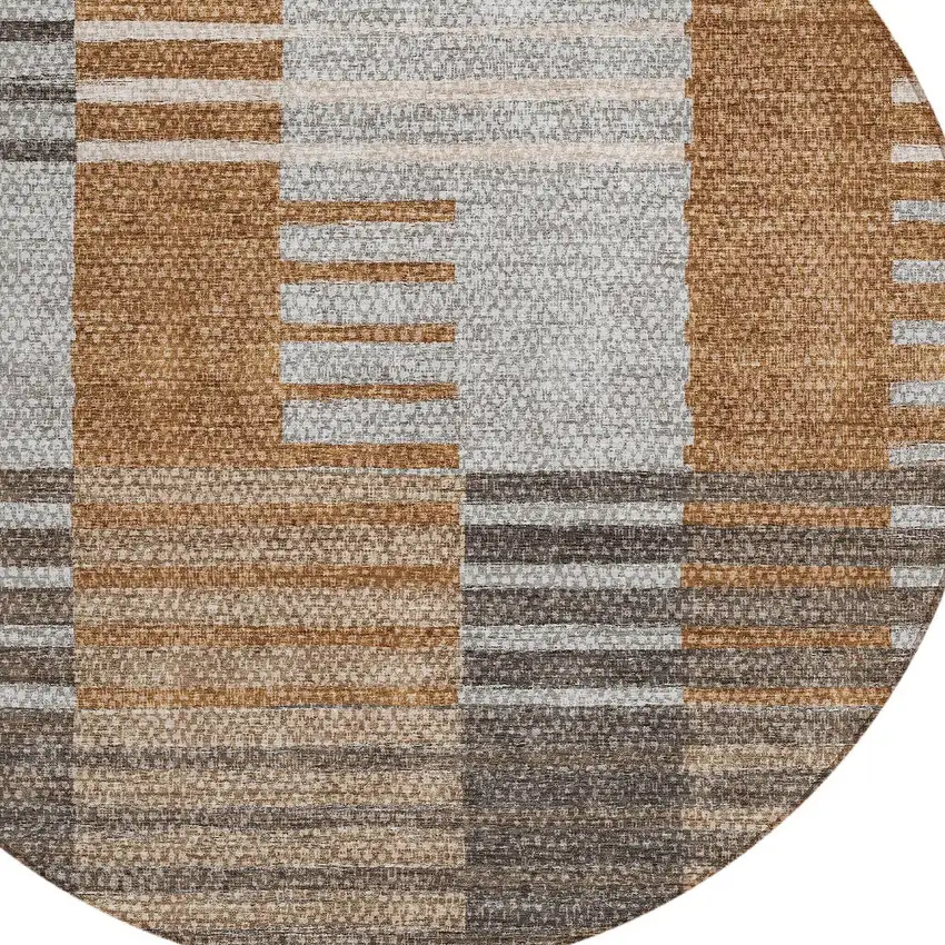 8' Chocolate And Gray Round Striped Washable Indoor Outdoor Area Rug Photo 5