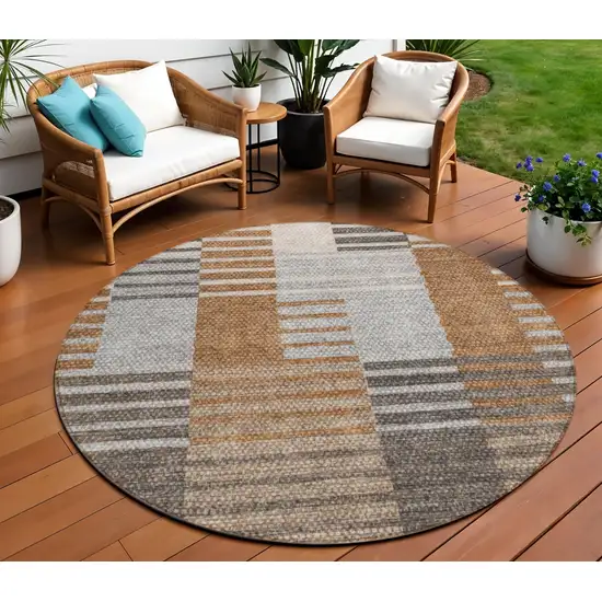 8' Chocolate And Gray Round Striped Washable Indoor Outdoor Area Rug Photo 1
