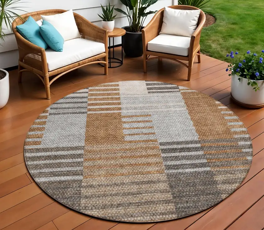 8' Chocolate And Gray Round Striped Washable Indoor Outdoor Area Rug Photo 1