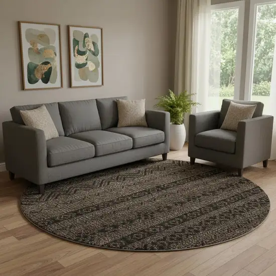 8' Chocolate And Gray Southwestern Washable Round Rug With UV Protection Photo 1