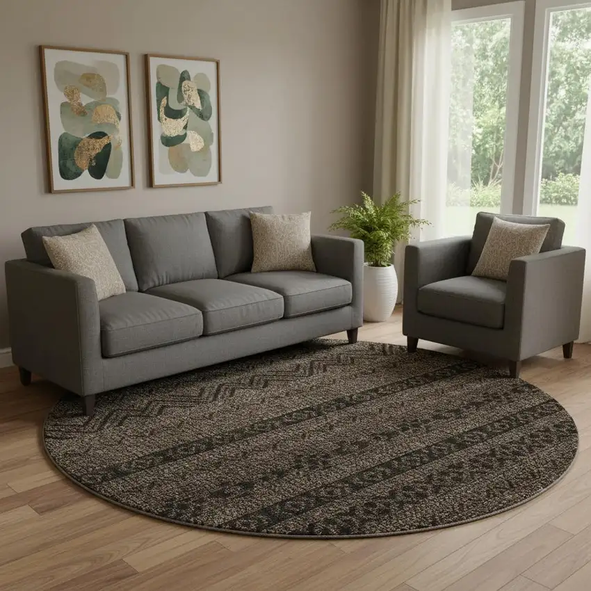 8' Chocolate And Gray Southwestern Washable Round Rug With UV Protection Photo 1