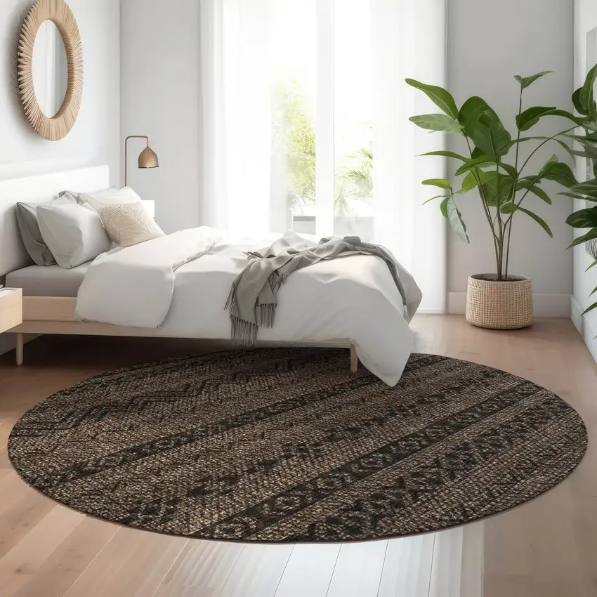 8' Chocolate And Gray Southwestern Washable Round Rug With UV Protection Photo 5