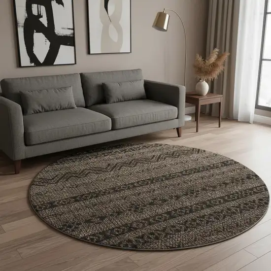 8' Chocolate And Gray Southwestern Washable Round Rug With UV Protection Photo 2