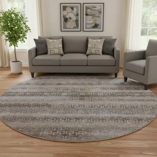 8' Chocolate And Gray Striped Washable Round Rug With UV Protection Photo 2