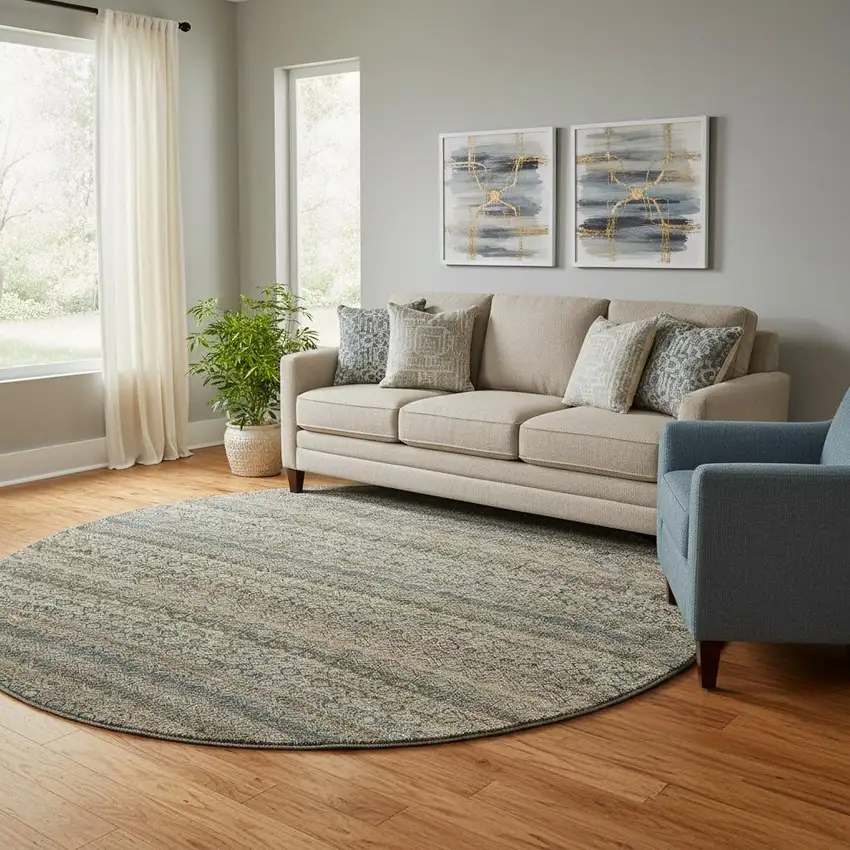 8' Chocolate And Gray Striped Washable Round Rug With UV Protection Photo 2