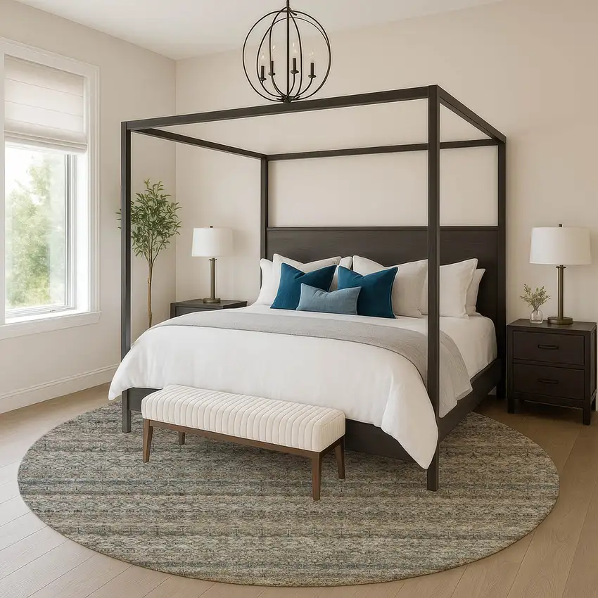 8' Chocolate And Gray Striped Washable Round Rug With UV Protection Photo 5