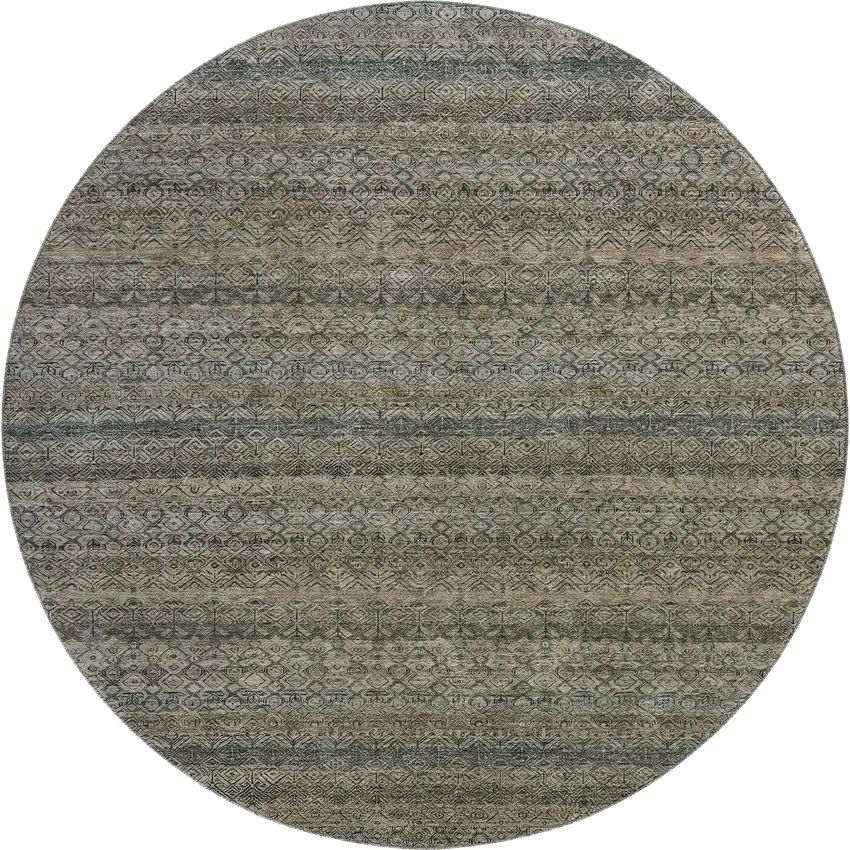 8' Chocolate And Gray Striped Washable Round Rug With UV Protection Photo 1