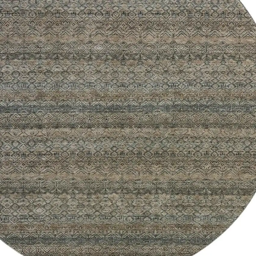 8' Chocolate And Gray Striped Washable Round Rug With UV Protection Photo 3