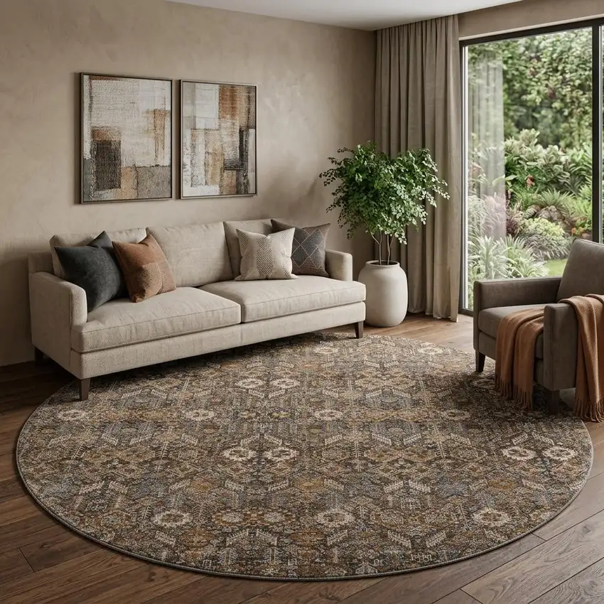 8' Chocolate And Gray Tribal Washable Round Rug With UV Protection Photo 1