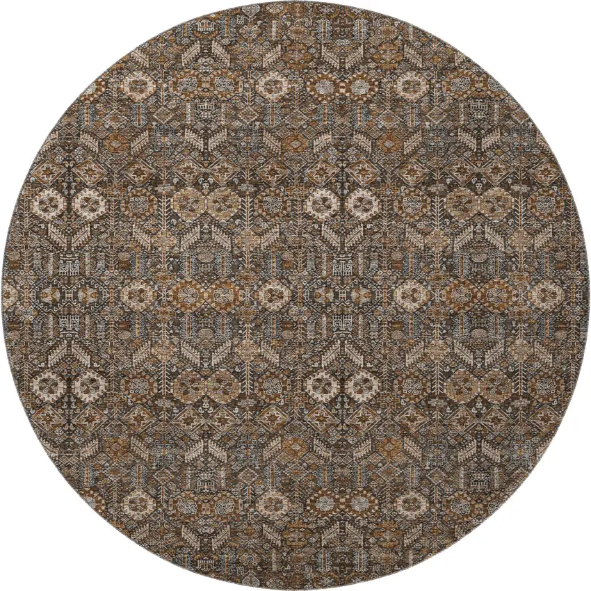 8' Chocolate And Gray Tribal Washable Round Rug With UV Protection Photo 4