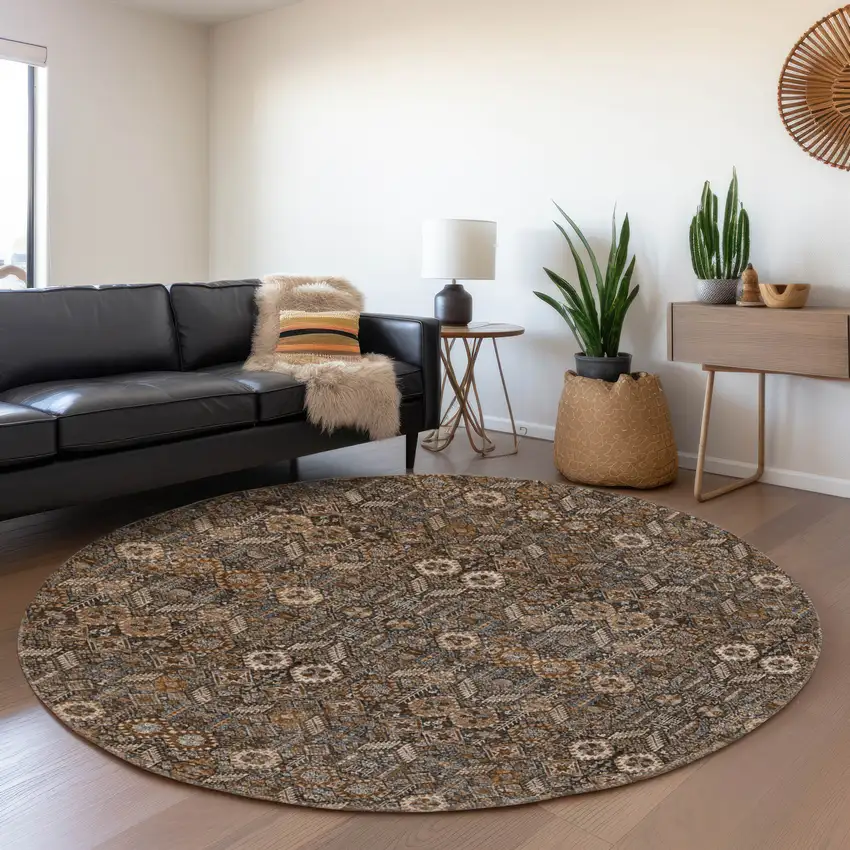8' Chocolate And Gray Tribal Washable Round Rug With UV Protection Photo 5