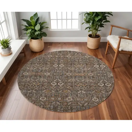 8' Chocolate And Gray Tribal Washable Round Rug With UV Protection Photo 2