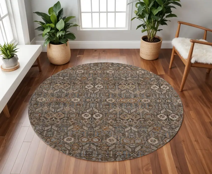 8' Chocolate And Gray Tribal Washable Round Rug With UV Protection Photo 2