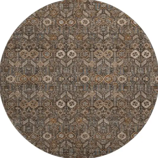 8' Chocolate And Gray Tribal Washable Round Rug With UV Protection Photo 3