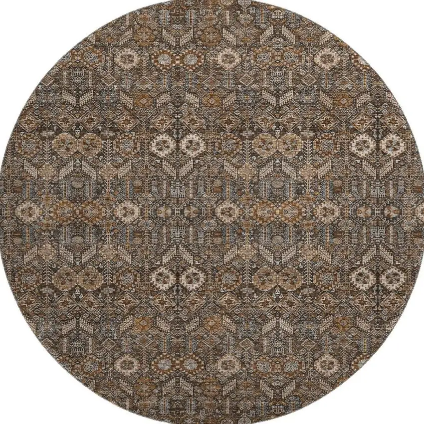 8' Chocolate And Gray Tribal Washable Round Rug With UV Protection Photo 3