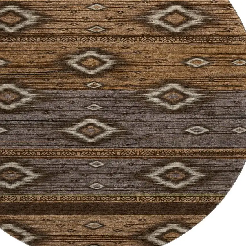 8' Chocolate And Gray Tribal Washable Round Rug With UV Protection Photo 3