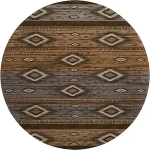 Photo of 8' Chocolate And Gray Tribal Washable Round Rug With UV Protection