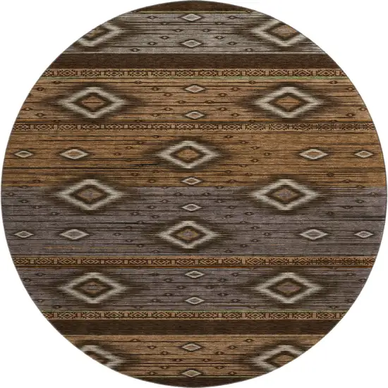 8' Chocolate And Gray Tribal Washable Round Rug With UV Protection Photo 1