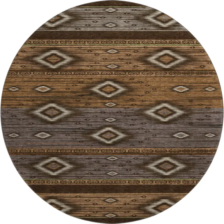 8' Chocolate And Gray Tribal Washable Round Rug With UV Protection Photo 1