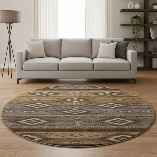8' Chocolate And Gray Tribal Washable Round Rug With UV Protection Photo 2
