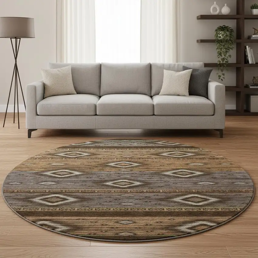 8' Chocolate And Gray Tribal Washable Round Rug With UV Protection Photo 2