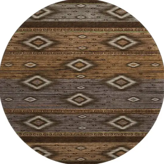 8' Chocolate And Gray Tribal Washable Round Rug With UV Protection Photo 4