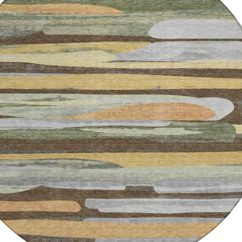 8' Chocolate And Green Round Abstract Washable Indoor Outdoor Area Rug Photo 3