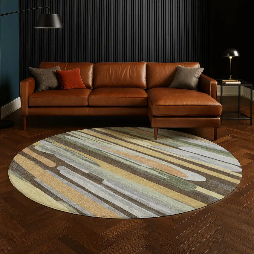 8' Chocolate And Green Round Abstract Washable Indoor Outdoor Area Rug Photo 5