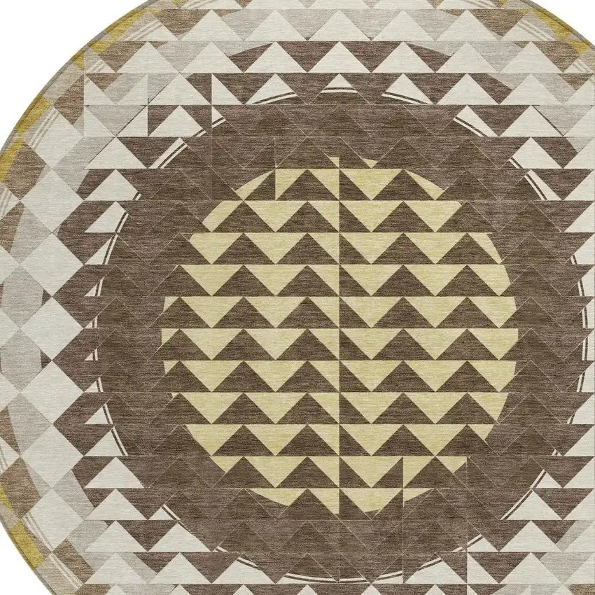 8' Chocolate And Green Round Geometric Washable Indoor Outdoor Area Rug Photo 4