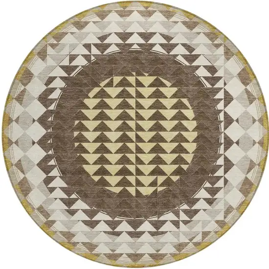 8' Chocolate And Green Round Geometric Washable Indoor Outdoor Area Rug Photo 3