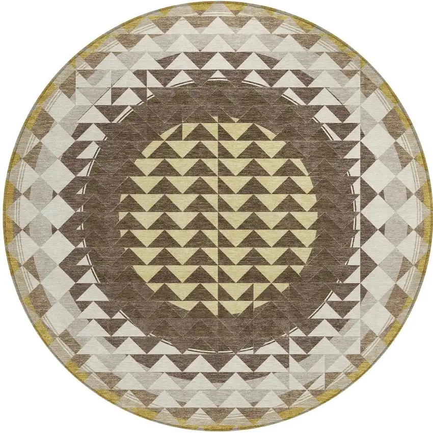 8' Chocolate And Green Round Geometric Washable Indoor Outdoor Area Rug Photo 3