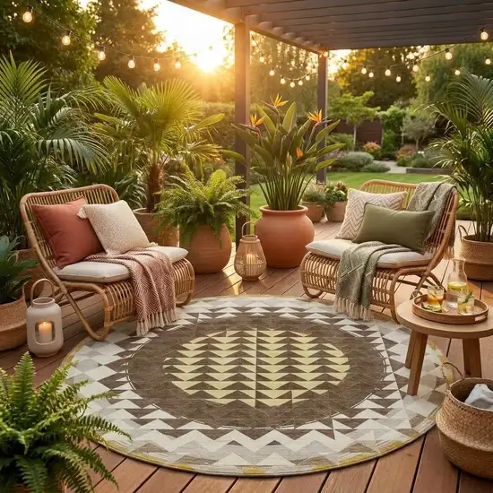 8' Chocolate And Green Round Geometric Washable Indoor Outdoor Area Rug Photo 1