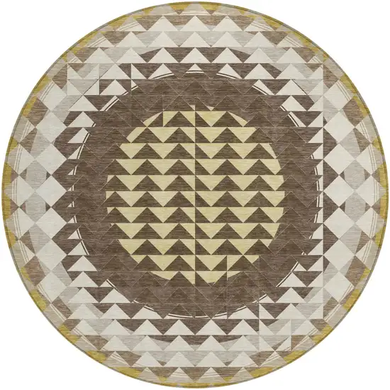 8' Chocolate And Green Round Geometric Washable Indoor Outdoor Area Rug Photo 2