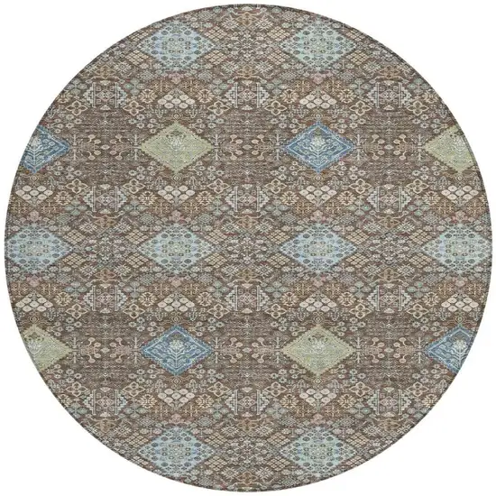 8' Chocolate And Green Round Oriental Washable Indoor Outdoor Area Rug Photo 3