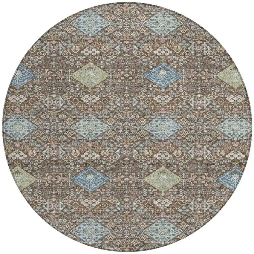 8' Chocolate And Green Round Oriental Washable Indoor Outdoor Area Rug Photo 3