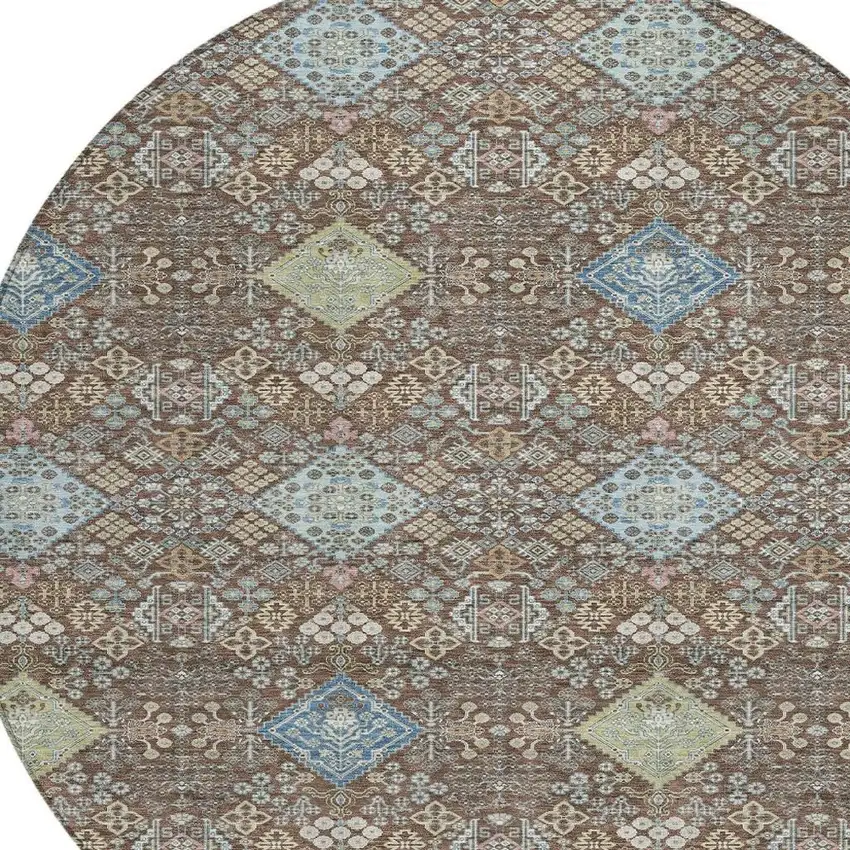 8' Chocolate And Green Round Oriental Washable Indoor Outdoor Area Rug Photo 2