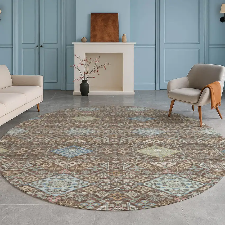 8' Chocolate And Green Round Oriental Washable Indoor Outdoor Area Rug Photo 5