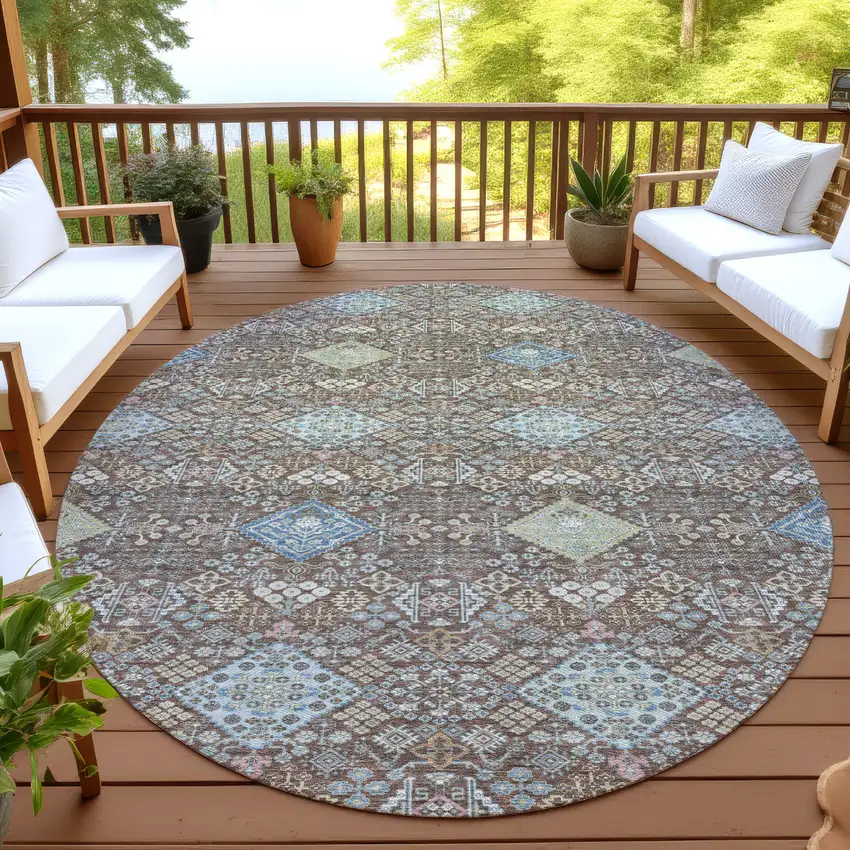 8' Chocolate And Green Round Oriental Washable Indoor Outdoor Area Rug Photo 4