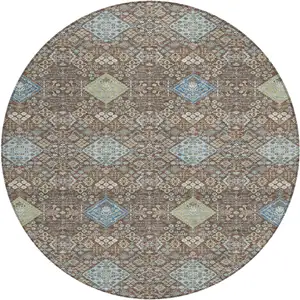 Photo of 8' Chocolate And Green Round Oriental Washable Indoor Outdoor Area Rug