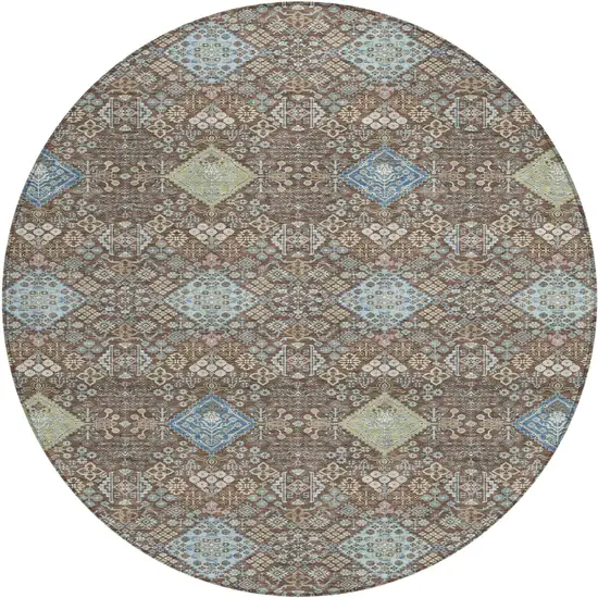 8' Chocolate And Green Round Oriental Washable Indoor Outdoor Area Rug Photo 1