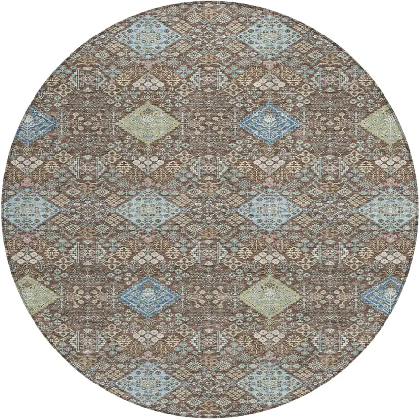 8' Chocolate And Green Round Oriental Washable Indoor Outdoor Area Rug Photo 1